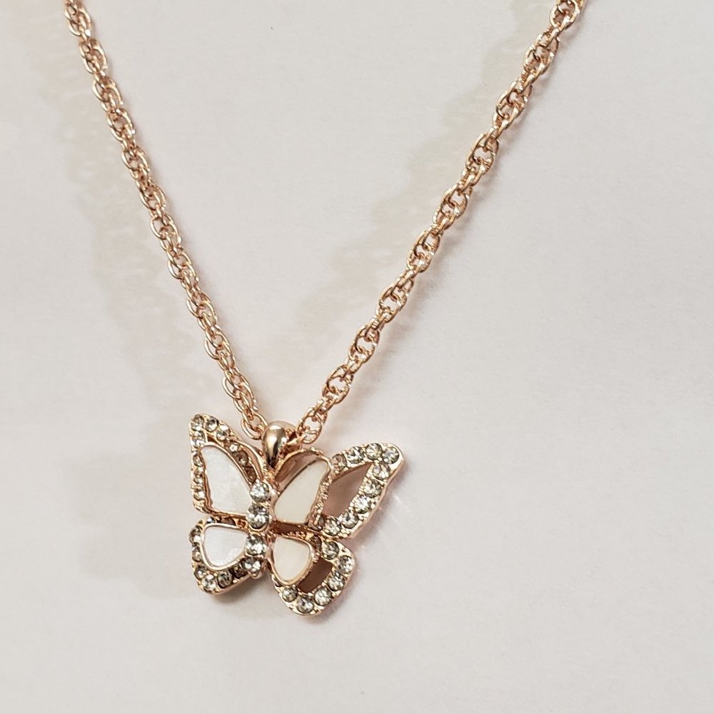 Charter Club, NWOT, rose gold necklace with 3D MOP jeweled butterfly pendant